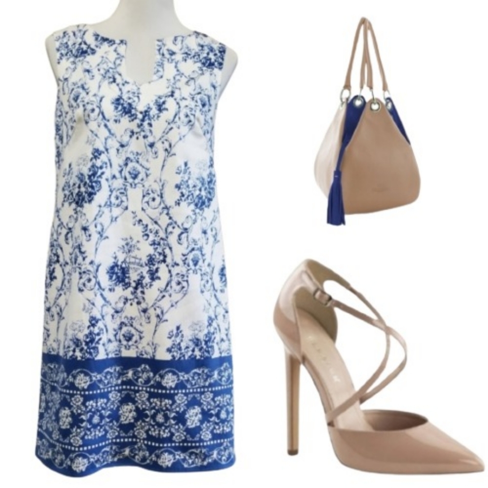 🆕️⬇️London Times Blue & White Border Floral Paisley Shift Dress - Picture 1 of 8
